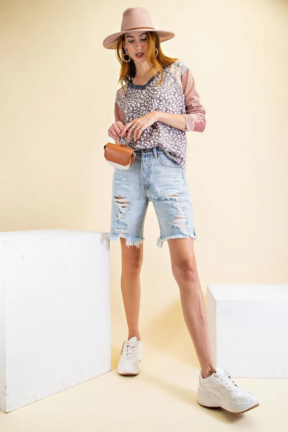 Dream-in animal print mix tribal sleeves V-neck knit top