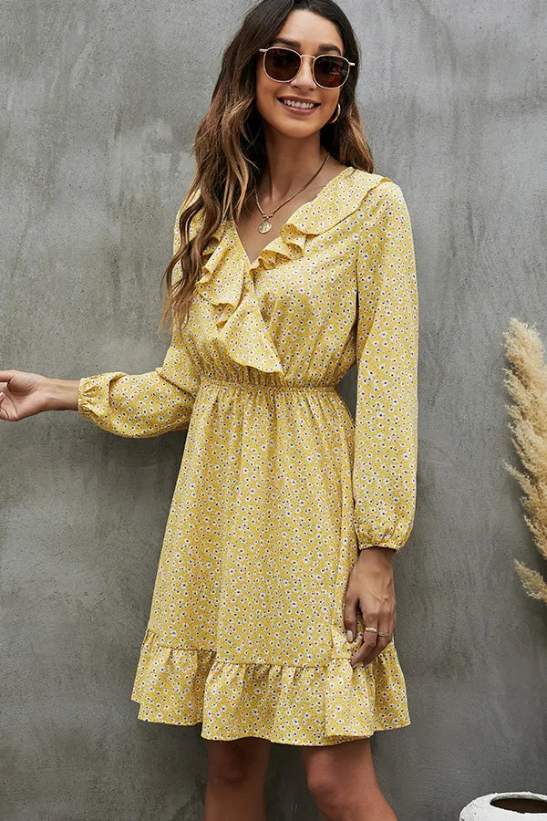 Floral Print Ruffled Trendy Round Neck Casual Dress