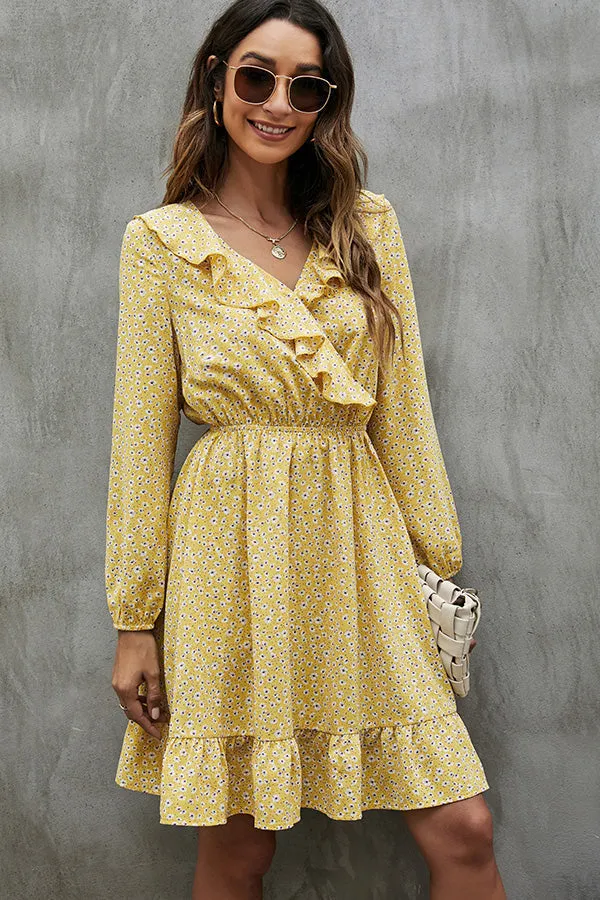 Floral Print Ruffled Trendy Round Neck Casual Dress