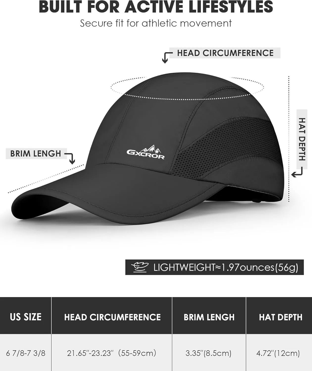GXCROR Running Hat for Men Women Quick-Dry Baseball Cap UPF50  with Breathable Mesh, Adjustable Hook & Loop for Outdoor