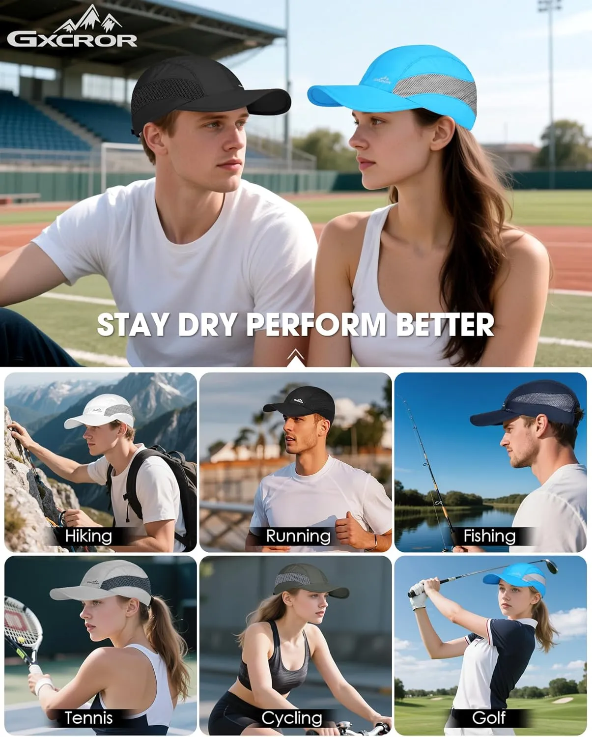 GXCROR Running Hat for Men Women Quick-Dry Baseball Cap UPF50  with Breathable Mesh, Adjustable Hook & Loop for Outdoor