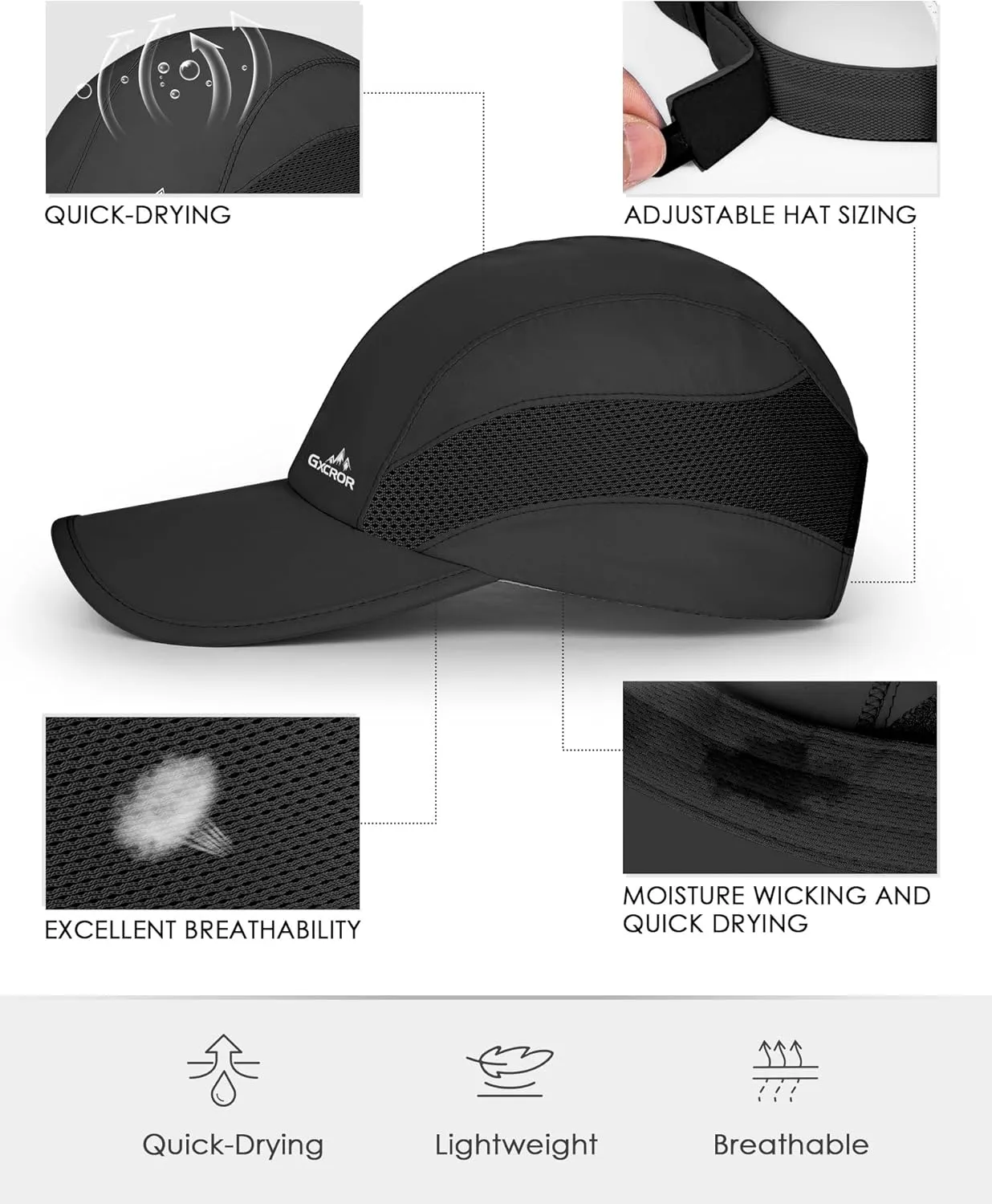GXCROR Running Hat for Men Women Quick-Dry Baseball Cap UPF50  with Breathable Mesh, Adjustable Hook & Loop for Outdoor