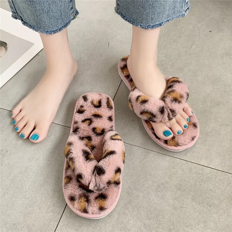 Leopard Faux-Fur Thong Slippers for Woman