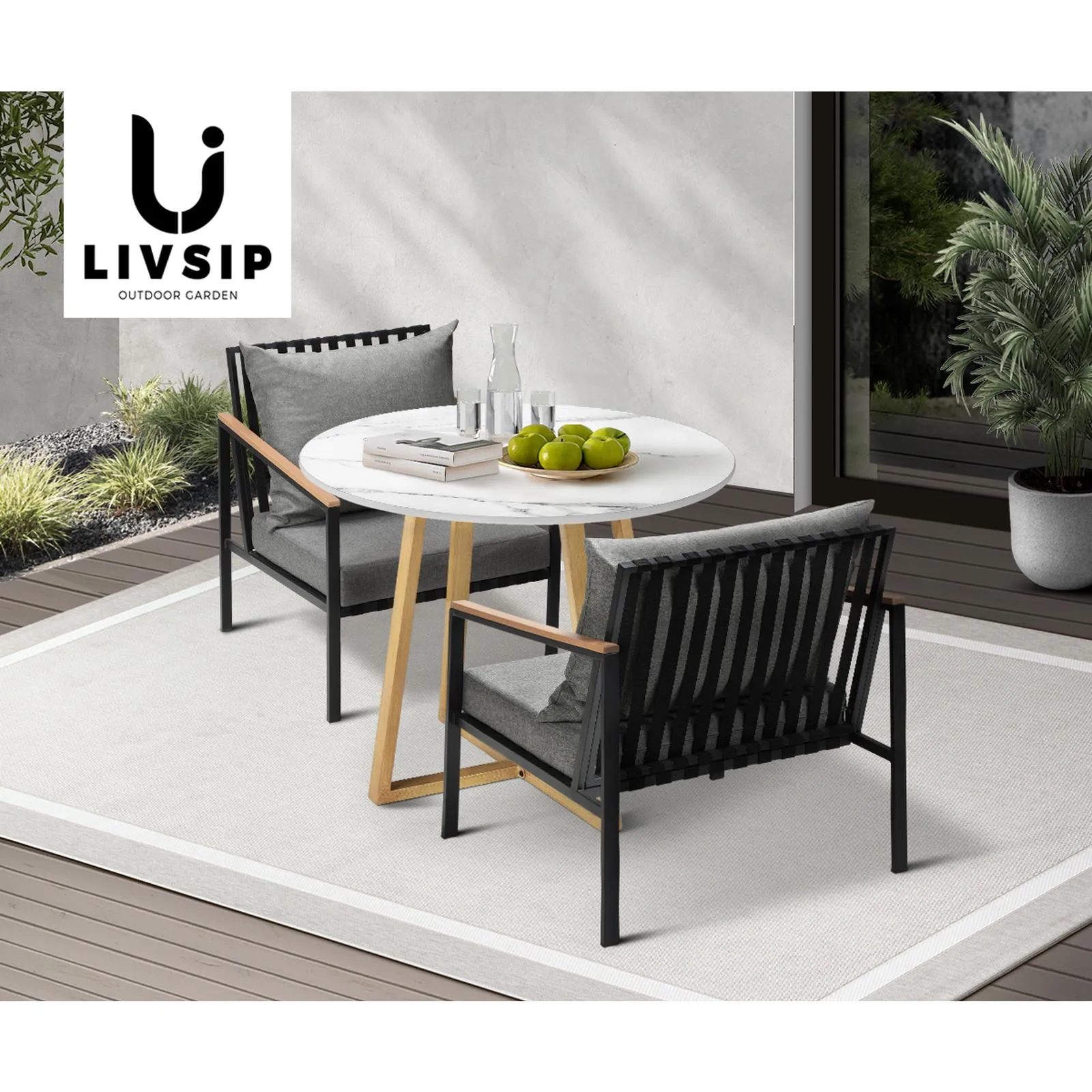 Livsip 3 Piece Outdoor Dining Setting Sintered Stone Table Patio Furniture Set