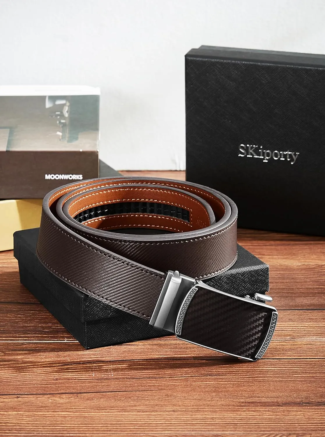 Mens Belt,Ratchet Belts for Men Leather 1 3/8'' Adjustable for Dress Jeans,Comfort Trim to Fit