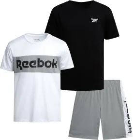 Reebok Boys Athletic Shorts Set - 3 Piece Summer Clothes Outfit with Graphic Tees and Boys Running Shorts for Active Kids