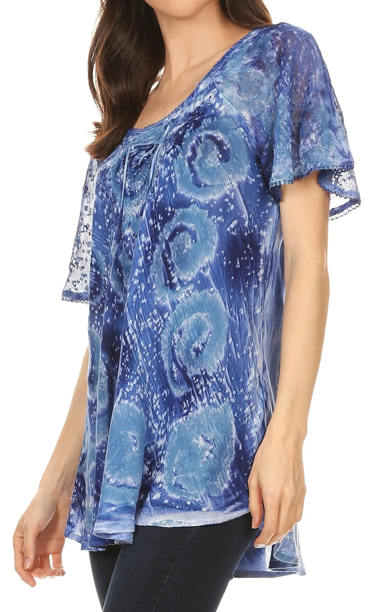 Sakkas Lena Tie-dye Short Sleeve Blouse Top with Crochet Lace and Embroidery