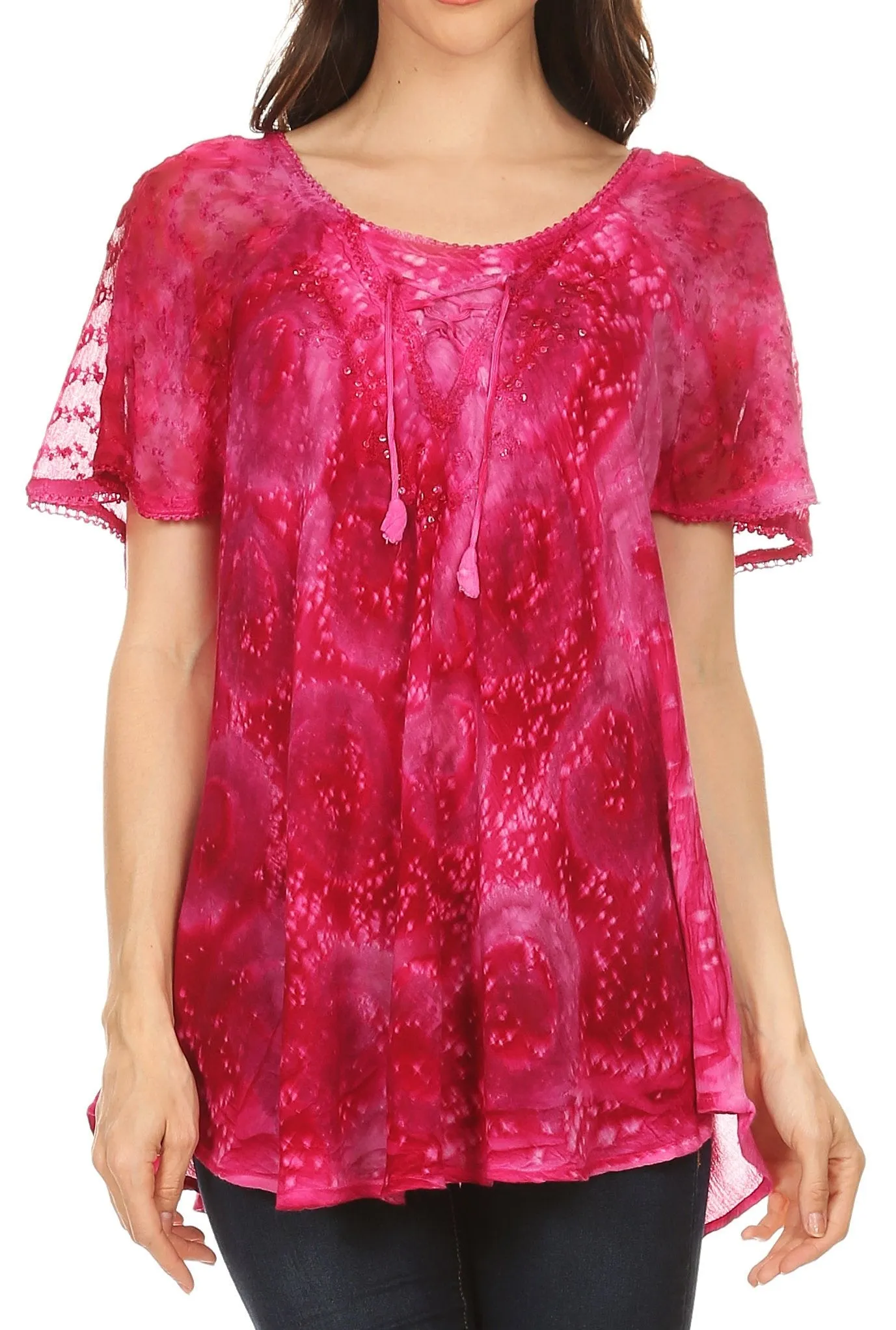 Sakkas Lena Tie-dye Short Sleeve Blouse Top with Crochet Lace and Embroidery