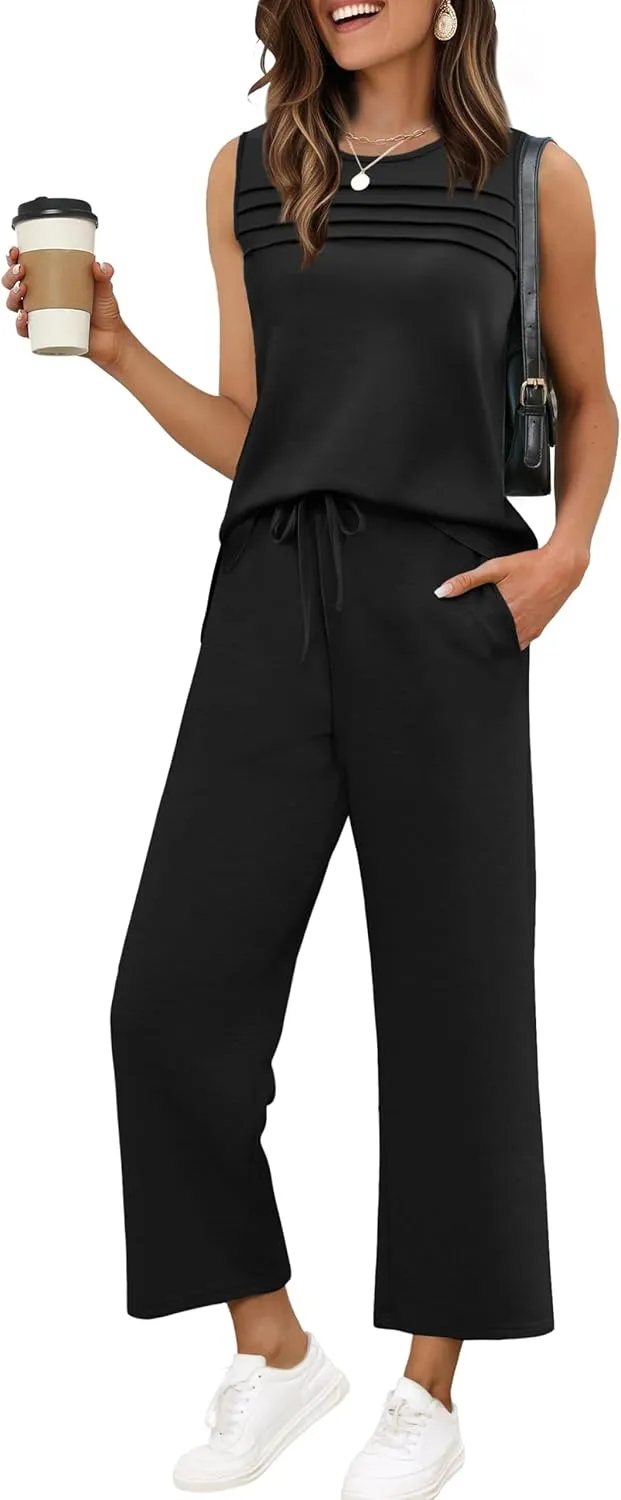 WIHOLL Two Piece Sets for Women Summer Outfits Matching Lounge Sets Wide Leg Crop Pants Vacation Travel