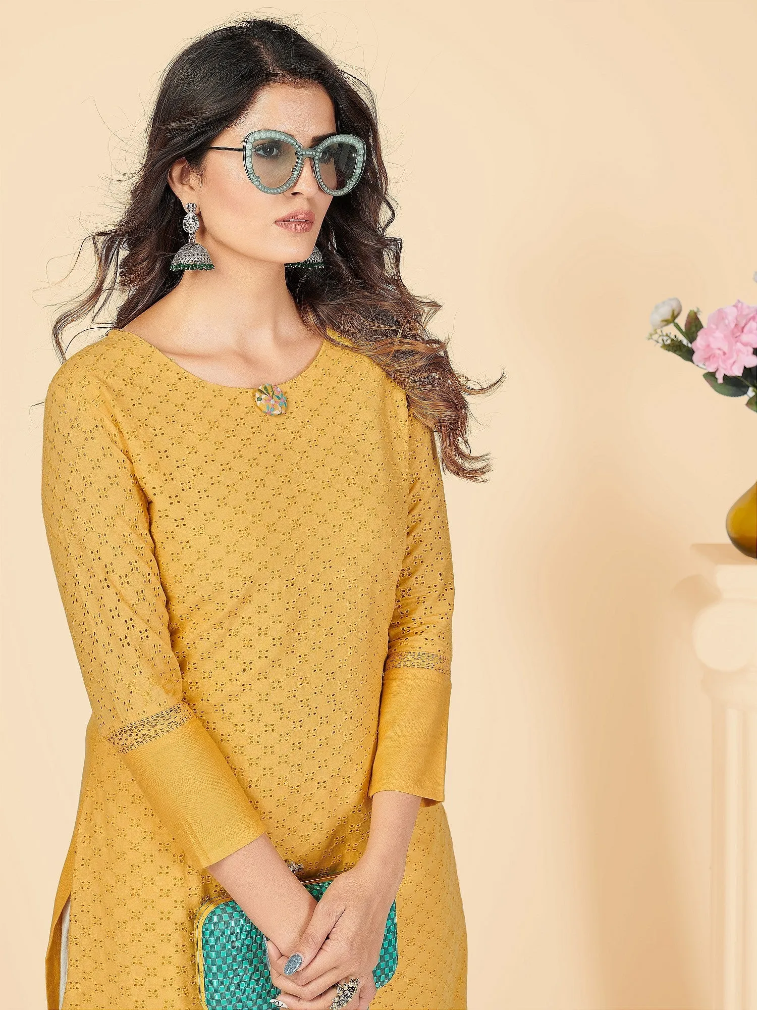 Women'S Chikankari & Embroidered Straight Cotton Yellow Stitched Kurta
