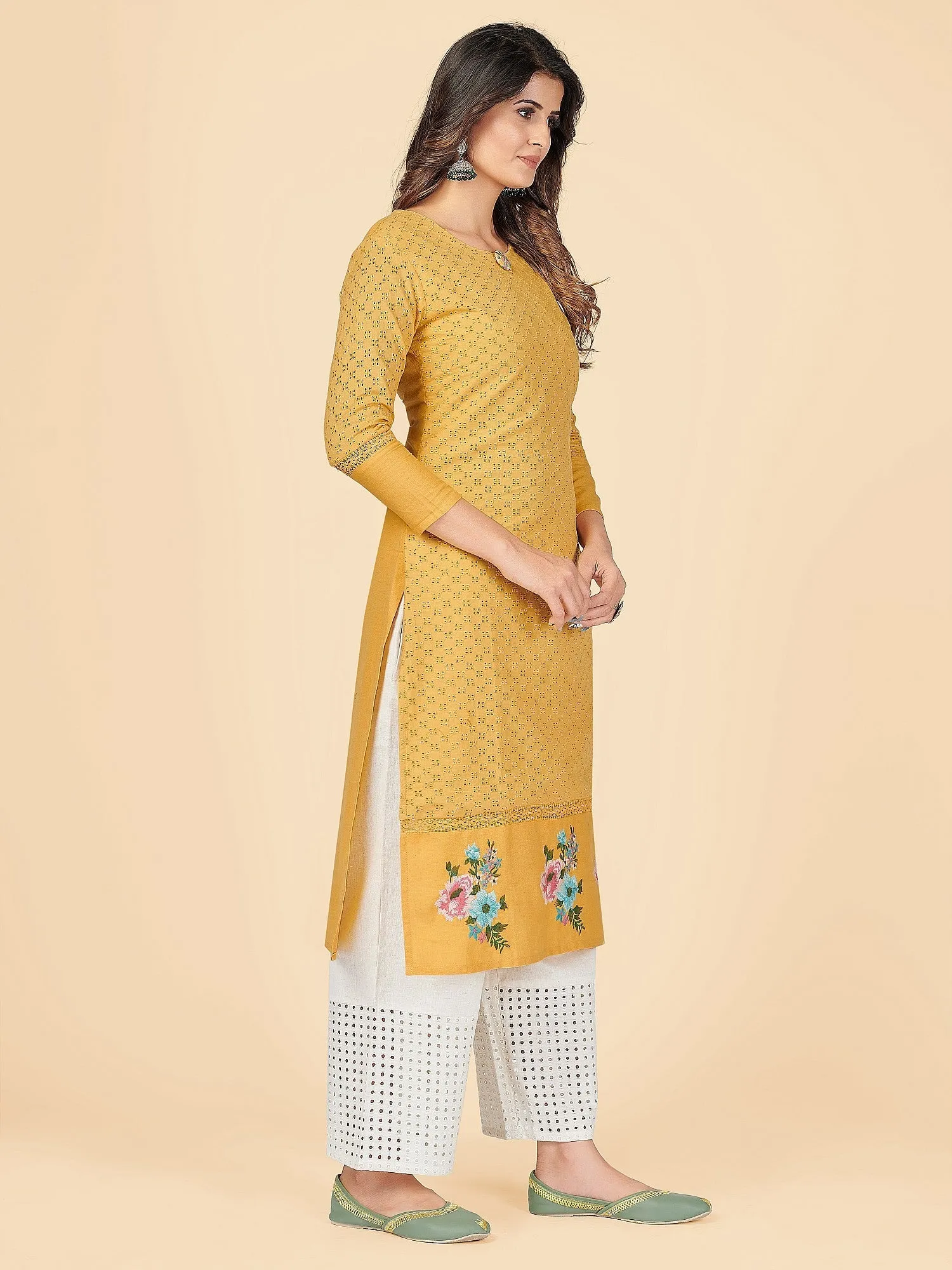 Women'S Chikankari & Embroidered Straight Cotton Yellow Stitched Kurta