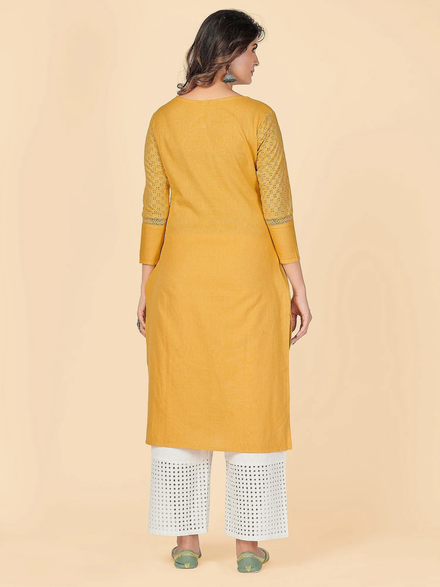 Women'S Chikankari & Embroidered Straight Cotton Yellow Stitched Kurta