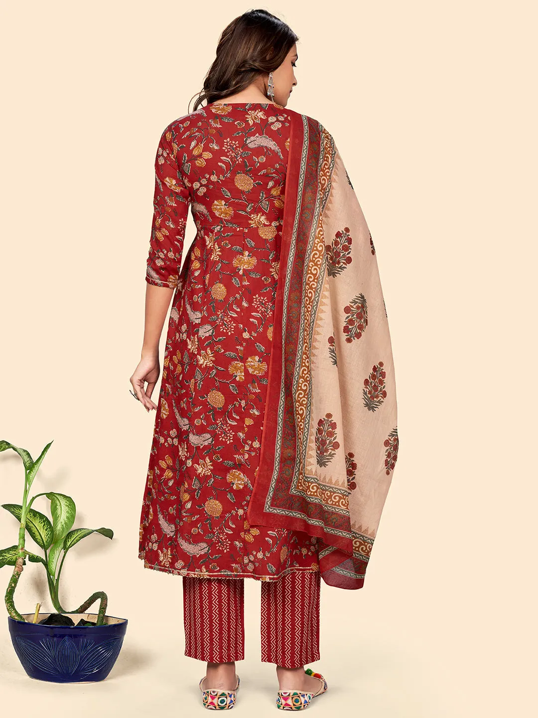 Women'S Embroidered & Mirror A-Line Cotton Red Stitched Kurta Pant With Dupatta
