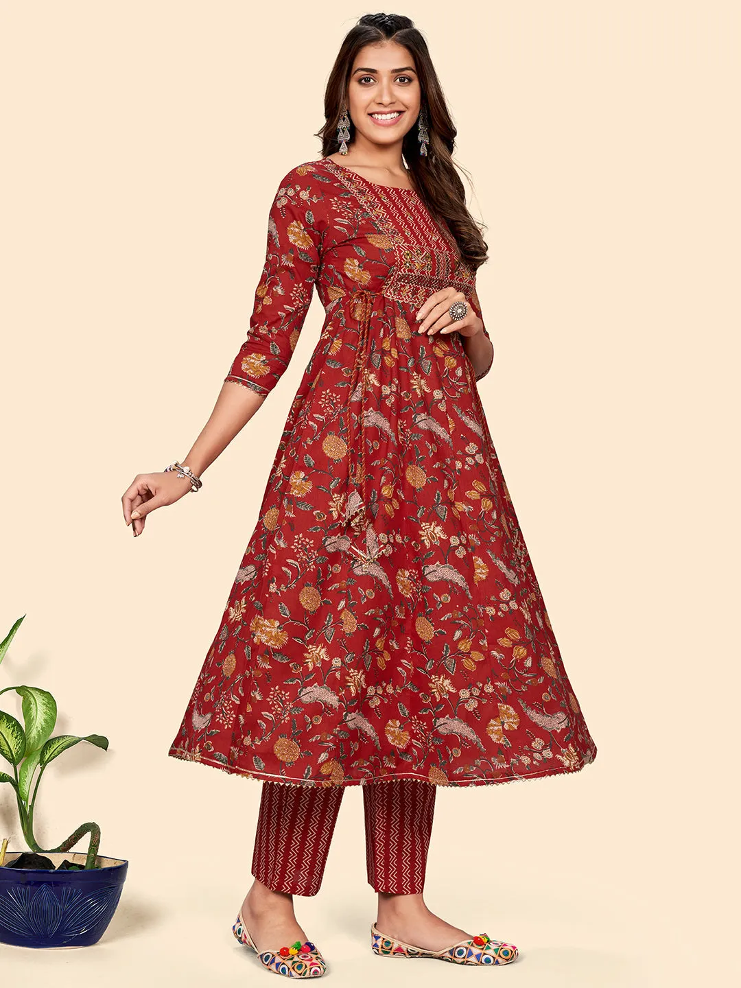 Women'S Embroidered & Mirror A-Line Cotton Red Stitched Kurta Pant With Dupatta