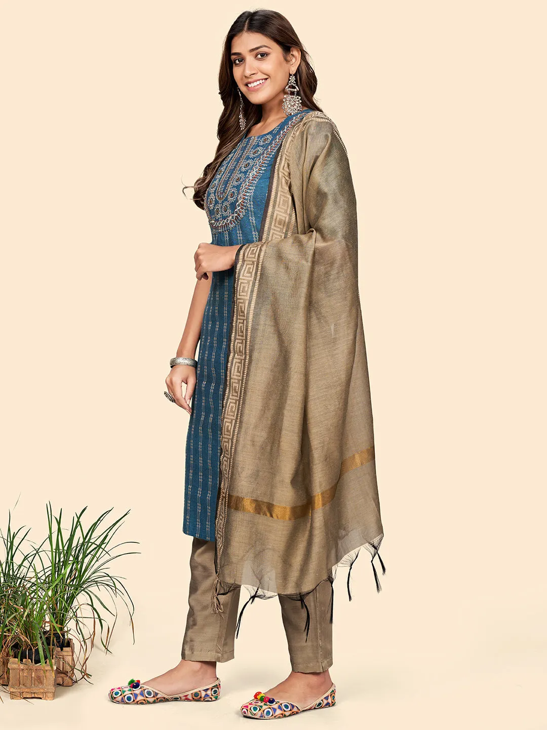 Women'S Embroidered Straight Cotton Auqa Stitched Kurta Pant With Dupatta