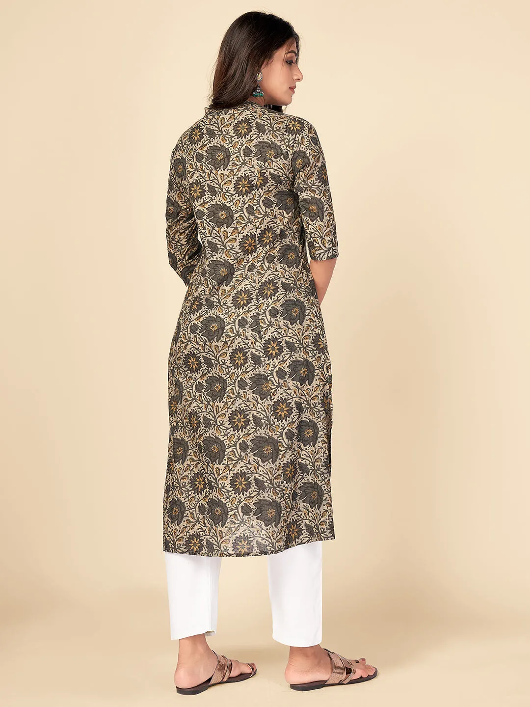 Women'S Floral Print A-Line Cotton Grey Kurta With Multiple Slit