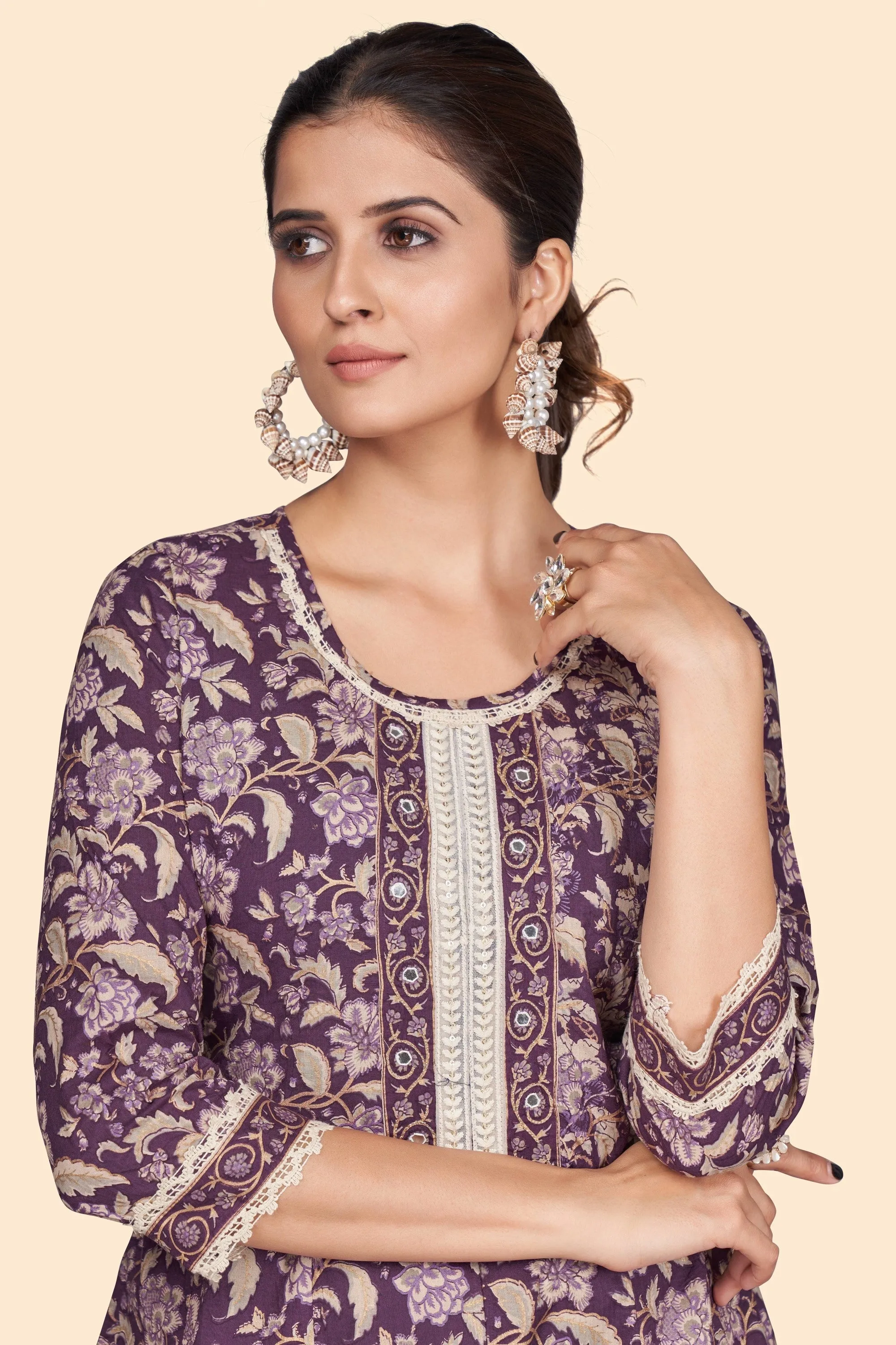 Women'S Floral Print A-Line Cotton Purple Stitched Kurta