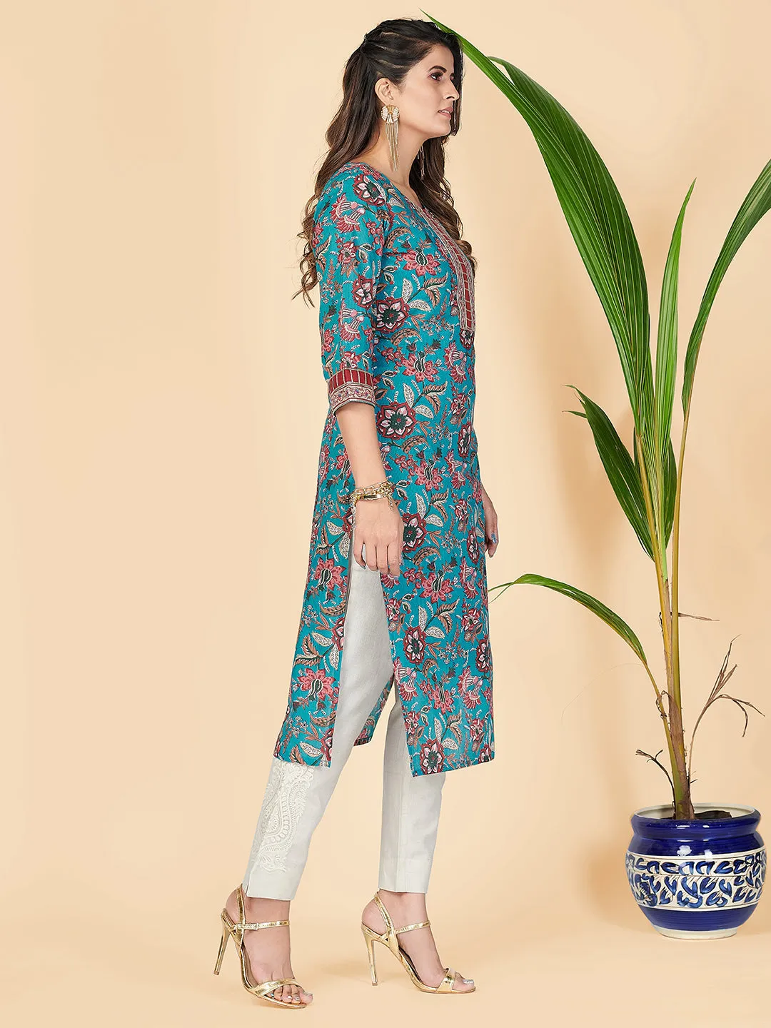 Women'S Floral Print & Gota Patti Straight Cotton Teal Stitched Kurta