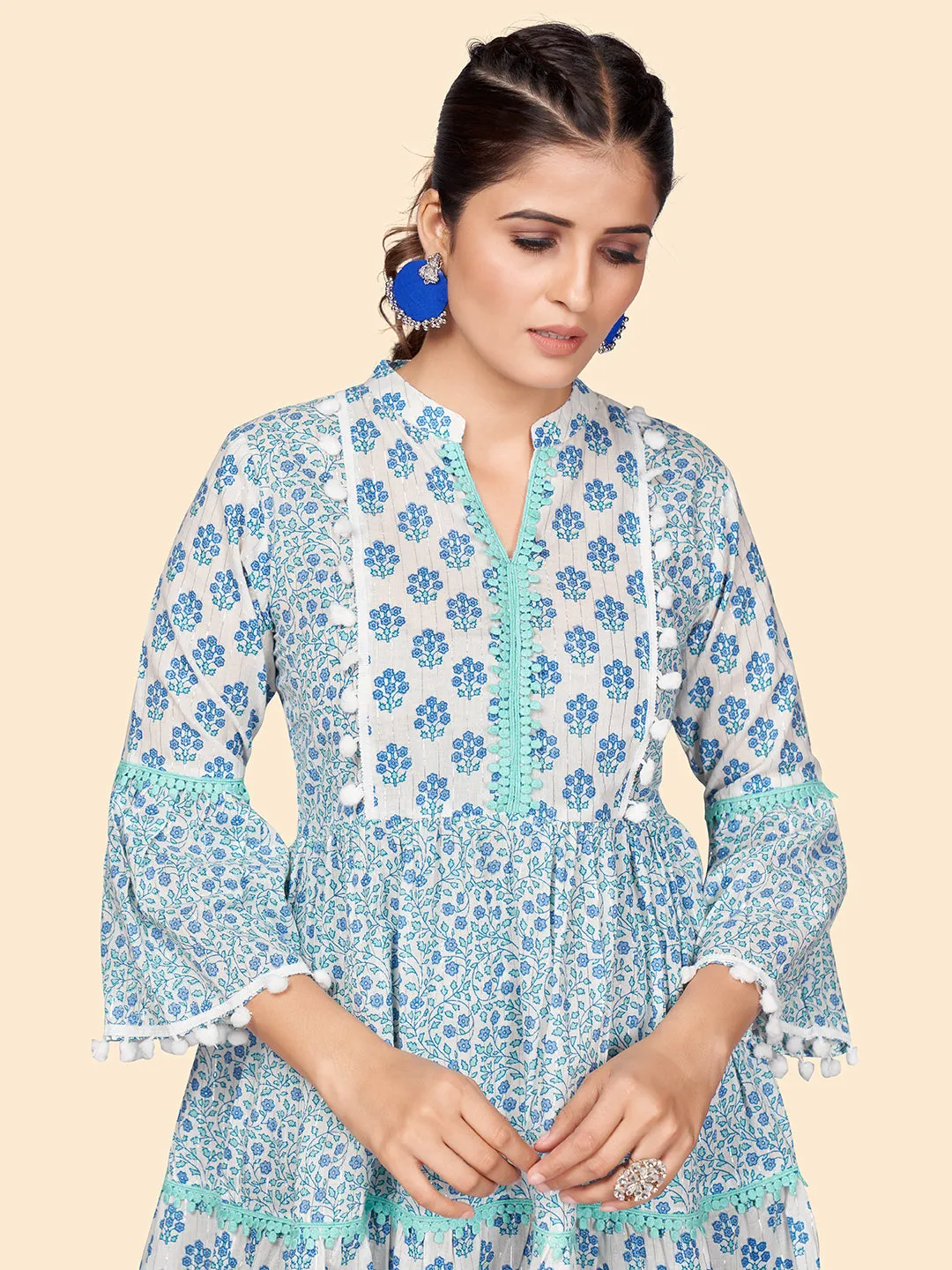 Women'S Floral Print Flared Cotton Blue Stitched Dress