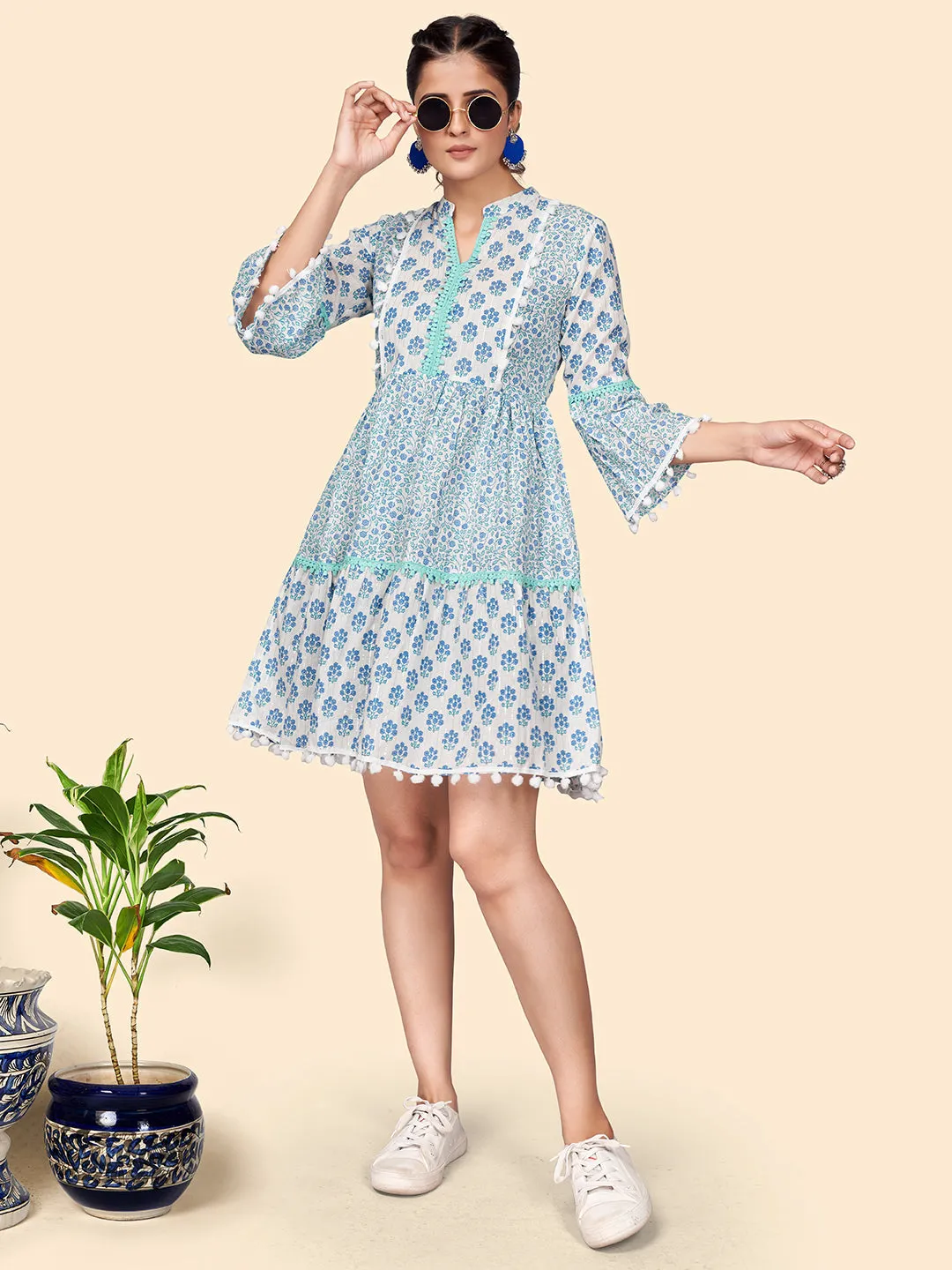 Women'S Floral Print Flared Cotton Blue Stitched Dress