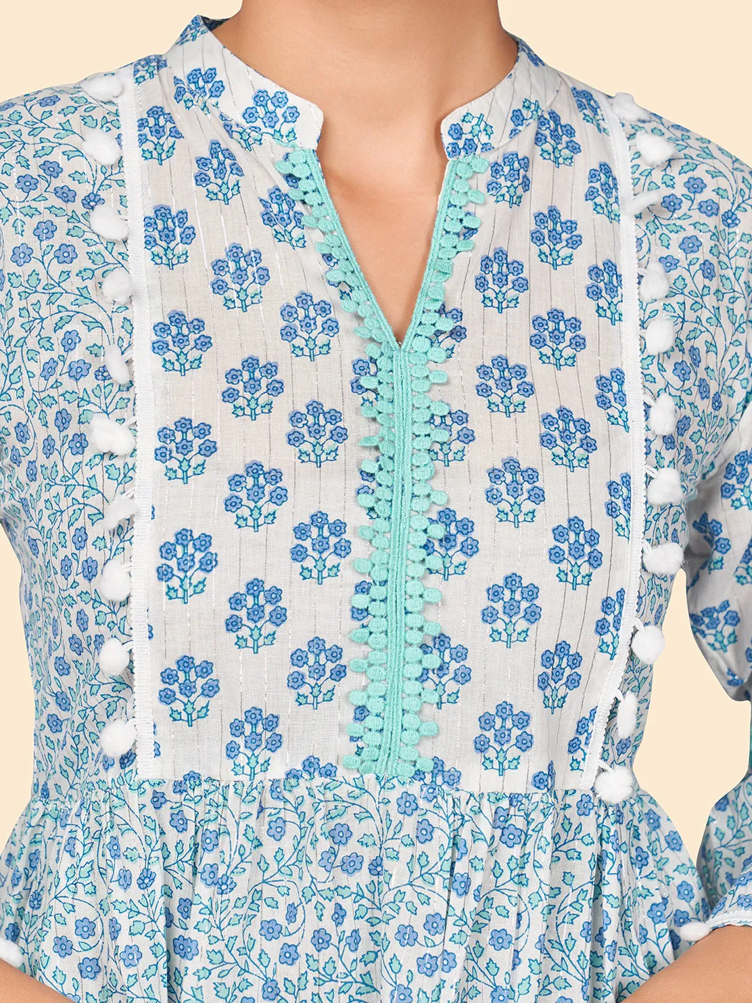 Women'S Floral Print Flared Cotton Blue Stitched Dress