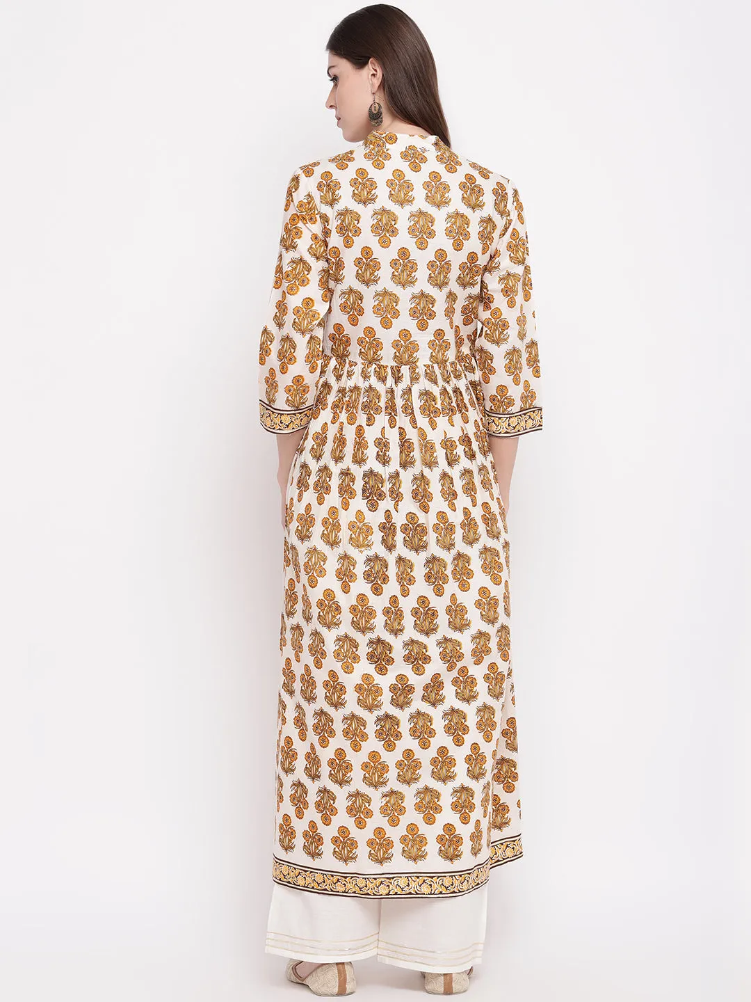 Women'S Floral Print,Gota Patti Work Anarkali Cotton Beige Kurti