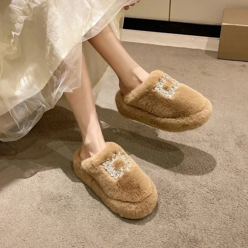 Women's Fur Mule Slippers with Rhinestone Buckle