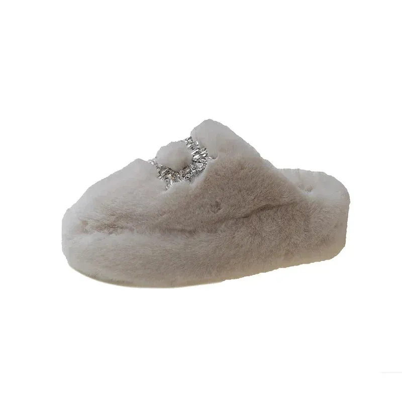 Women's Fur Mule Slippers with Rhinestone Buckle