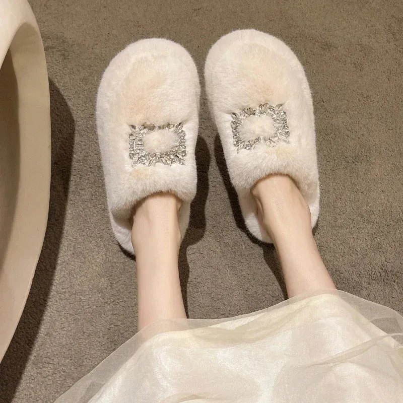 Women's Fur Mule Slippers with Rhinestone Buckle