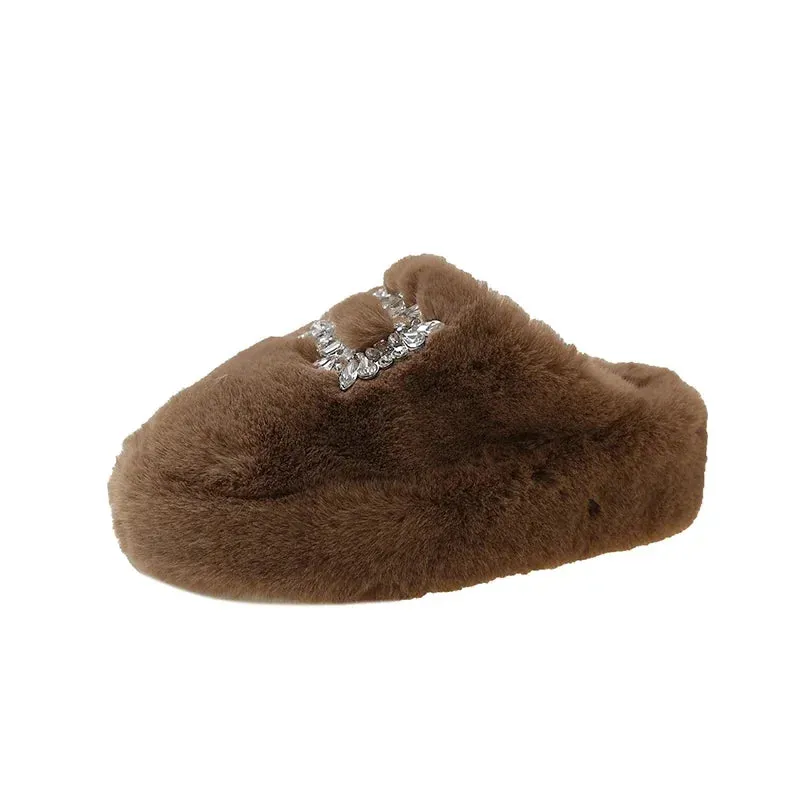 Women's Fur Mule Slippers with Rhinestone Buckle