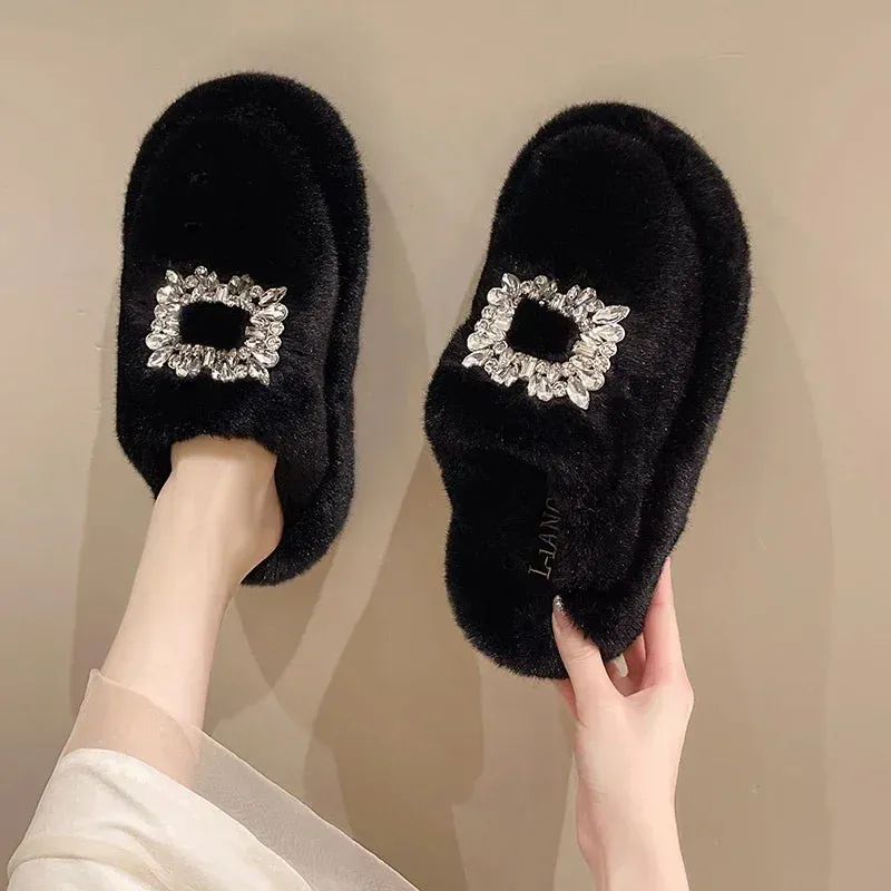 Women's Fur Mule Slippers with Rhinestone Buckle