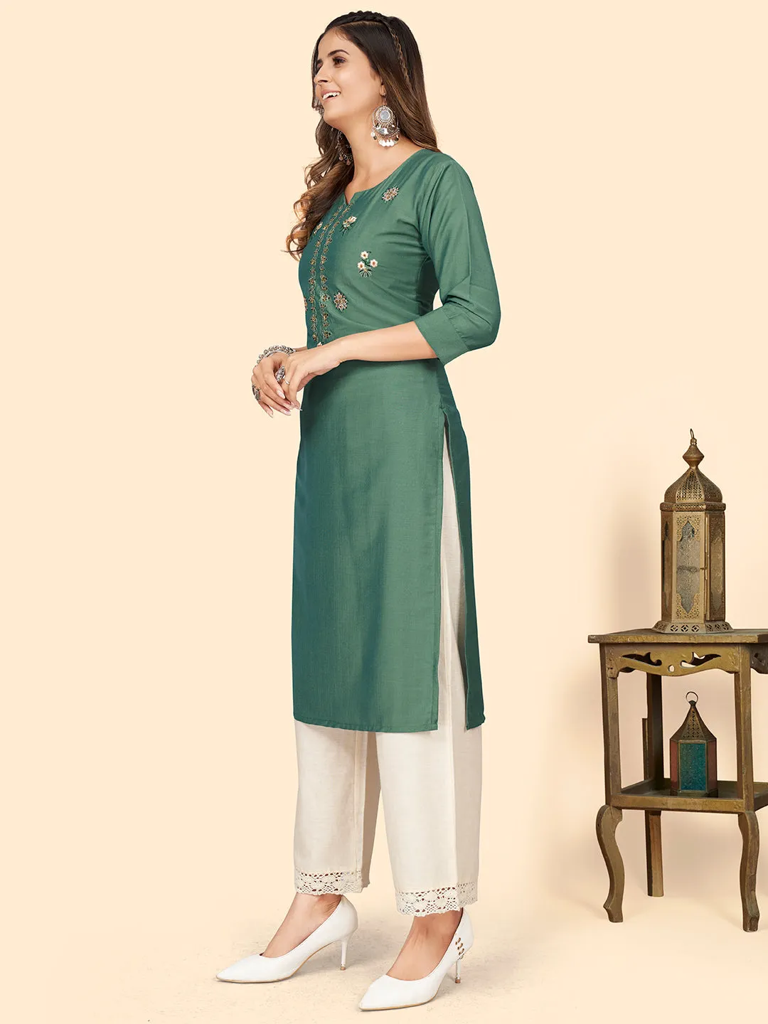 Women'S Hand Work Straight Chinon Light Blue Stitched Kurta