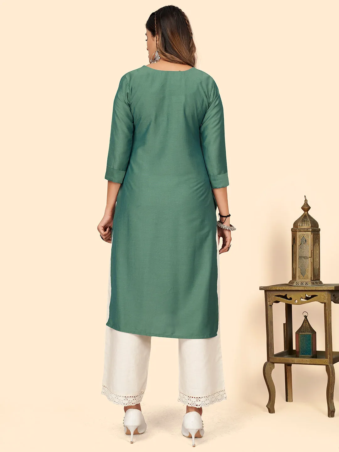 Women'S Hand Work Straight Chinon Light Blue Stitched Kurta