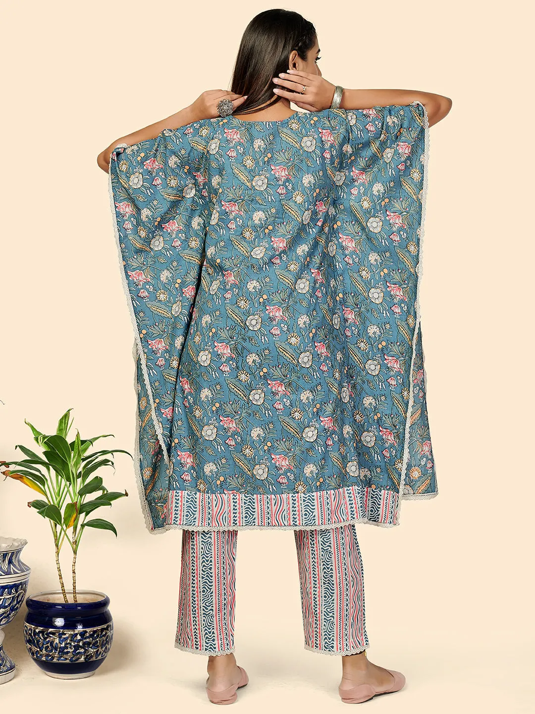 Women'S Mirror & Hand Work  Cotton Aqua Blue Stitched Kaftan Kurta With Pant Set