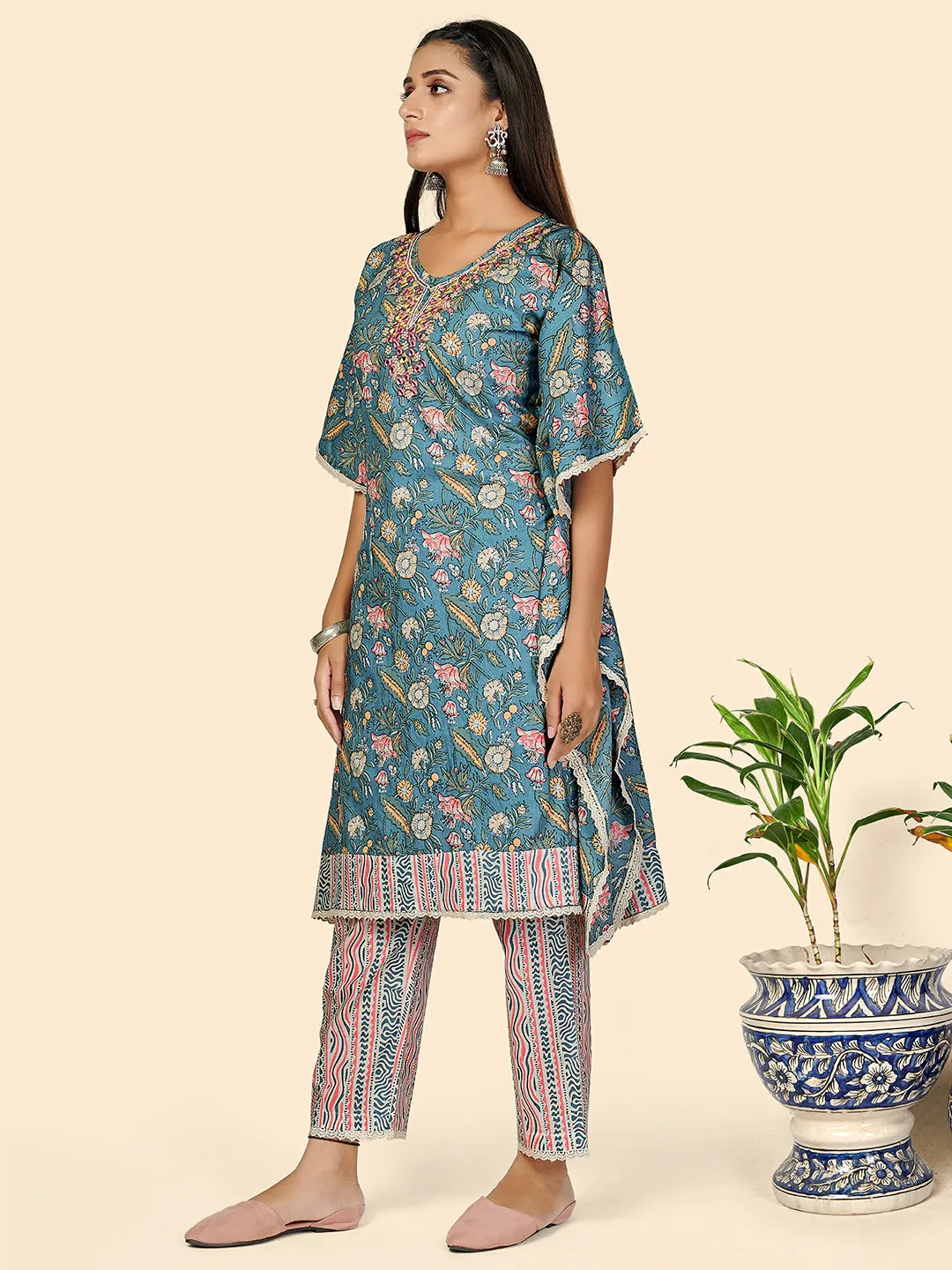 Women'S Mirror & Hand Work  Cotton Aqua Blue Stitched Kaftan Kurta With Pant Set