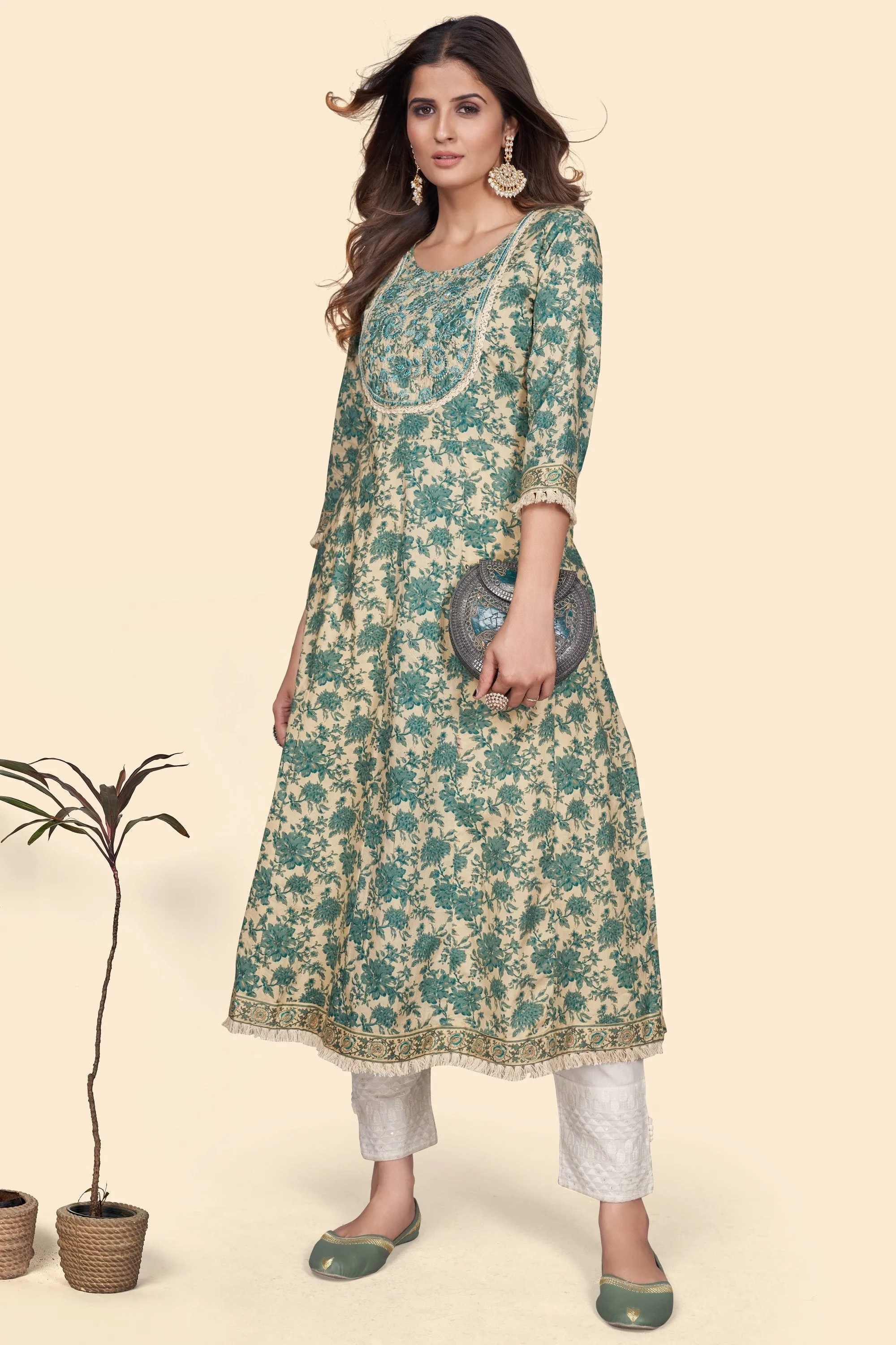 Women'S Print & Embroidered A-Line Cotton Turquoise Stitched Kurta