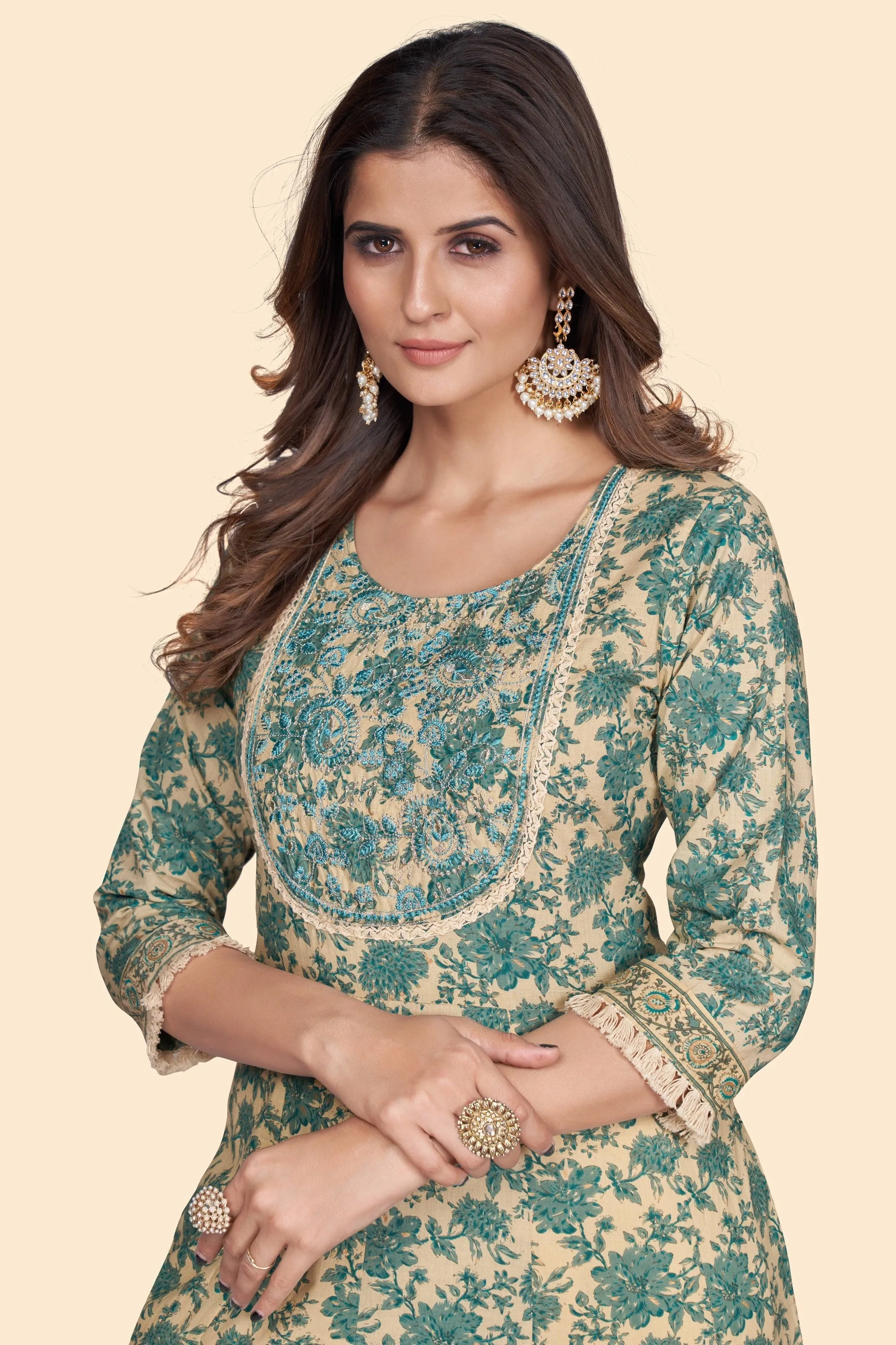 Women'S Print & Embroidered A-Line Cotton Turquoise Stitched Kurta