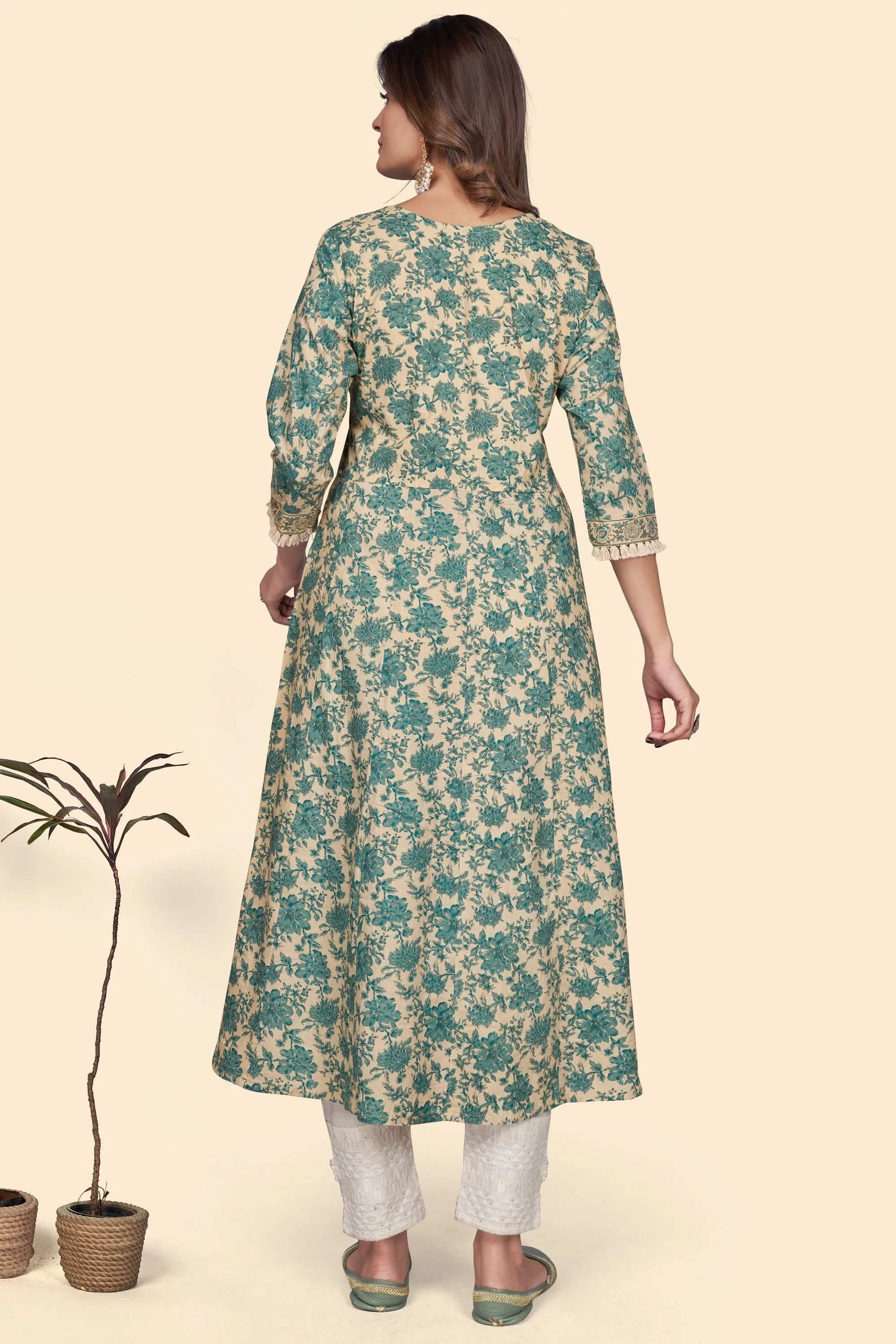 Women'S Print & Embroidered A-Line Cotton Turquoise Stitched Kurta