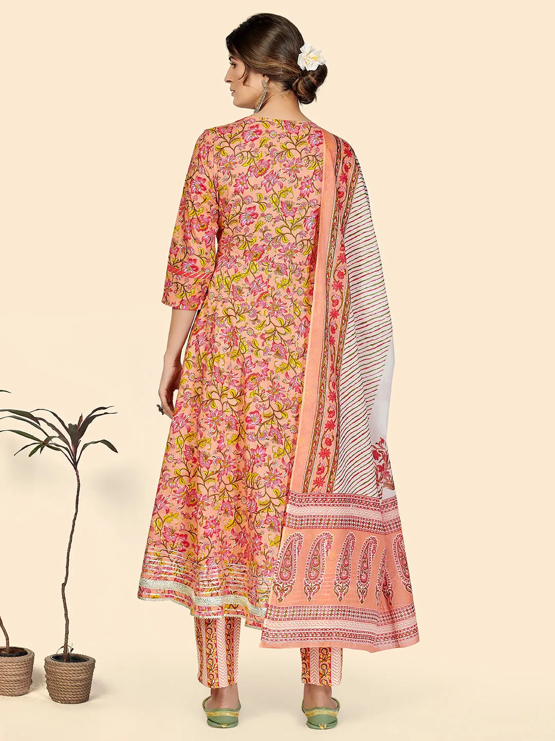 Women'S Print & Embroidered Anarkali Cotton Peach Stitched Kurta Pant With Dupatta