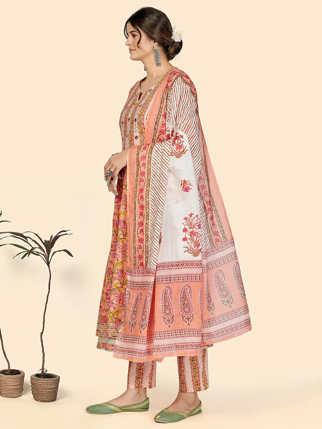 Women'S Print & Embroidered Anarkali Cotton Peach Stitched Kurta Pant With Dupatta