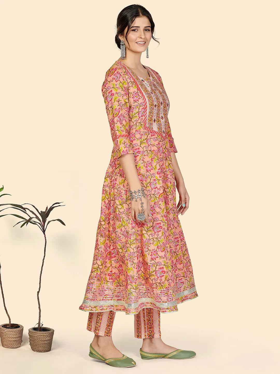 Women'S Print & Embroidered Anarkali Cotton Peach Stitched Kurta Pant With Dupatta