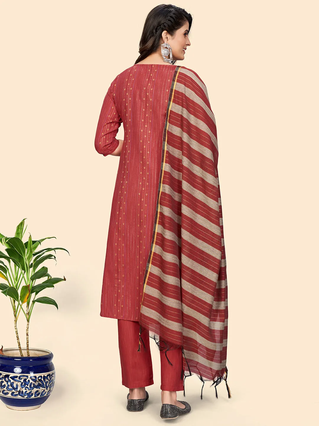 Women'S Print & Embroidered Straight Cotton Coral Stitched Kurta Pant With Dupatta