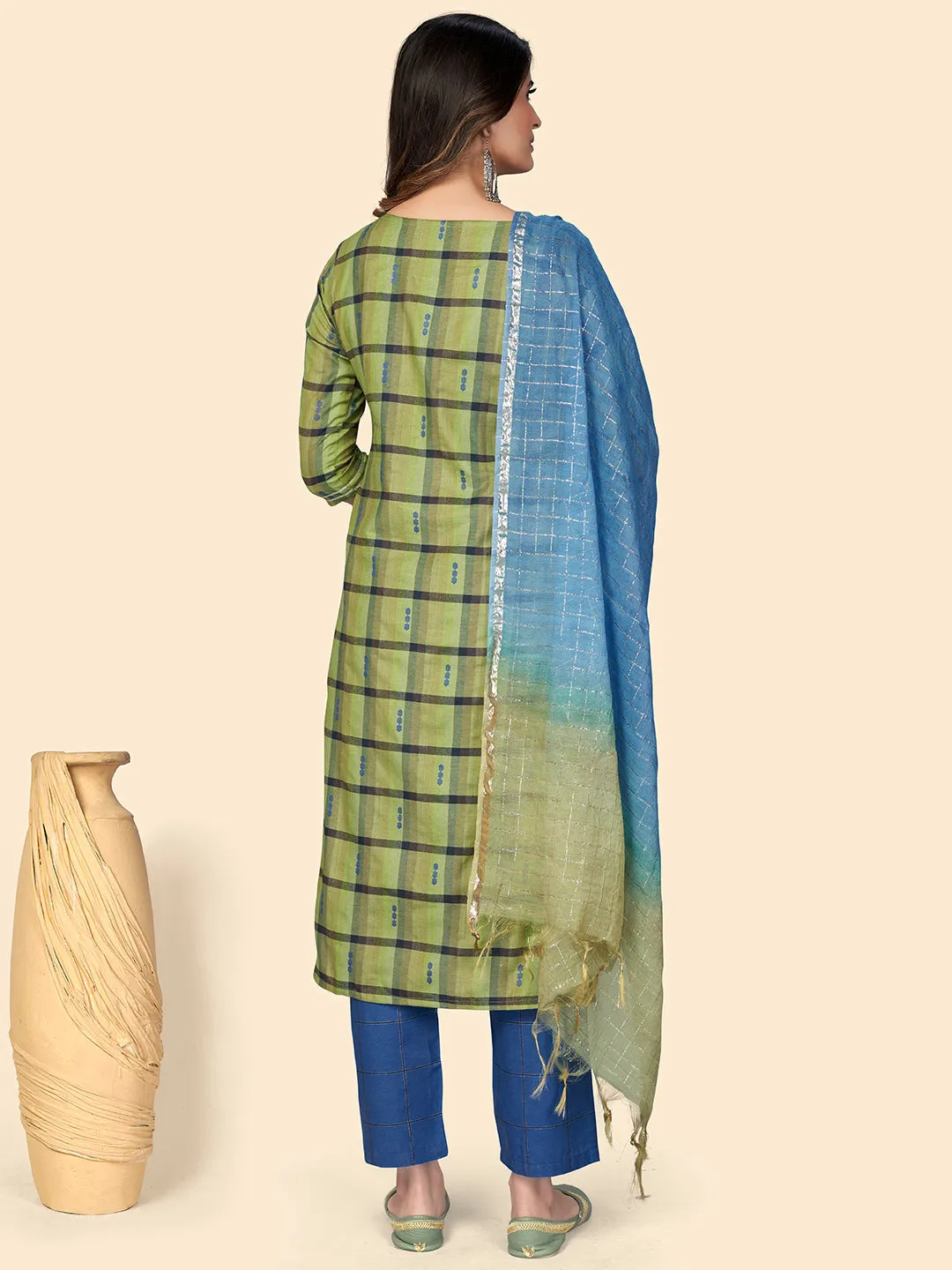Women'S Print & Embroidered Straight Cotton Parrot Green Stitched Kurta Pant With Dupatta