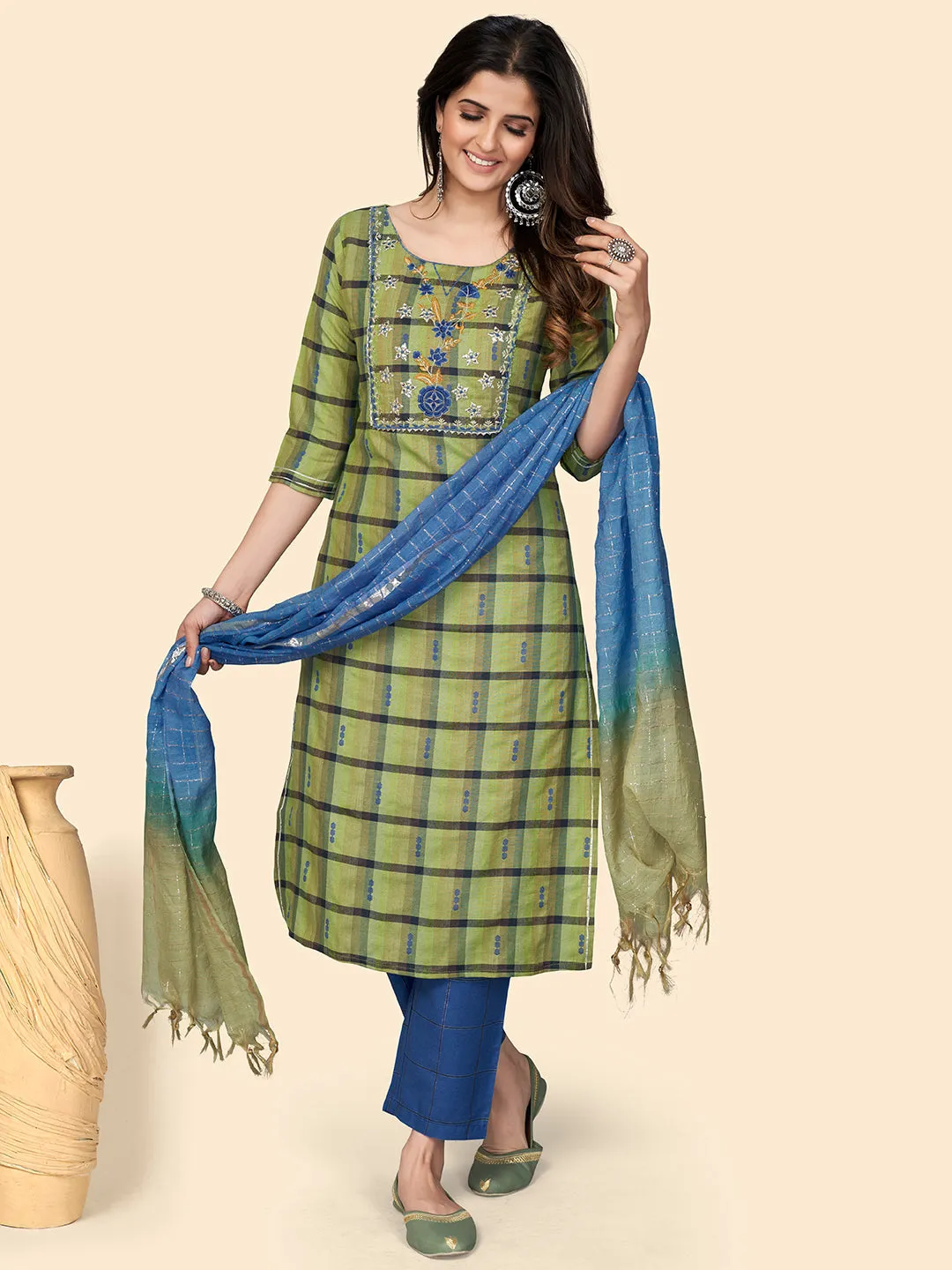 Women'S Print & Embroidered Straight Cotton Parrot Green Stitched Kurta Pant With Dupatta