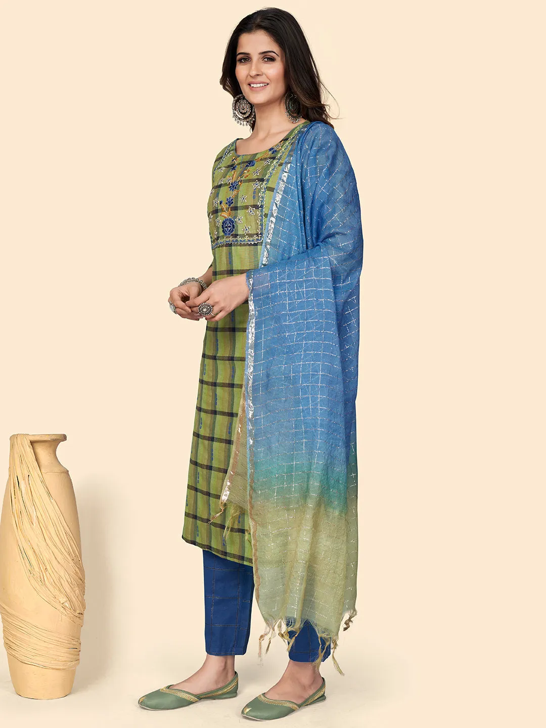 Women'S Print & Embroidered Straight Cotton Parrot Green Stitched Kurta Pant With Dupatta
