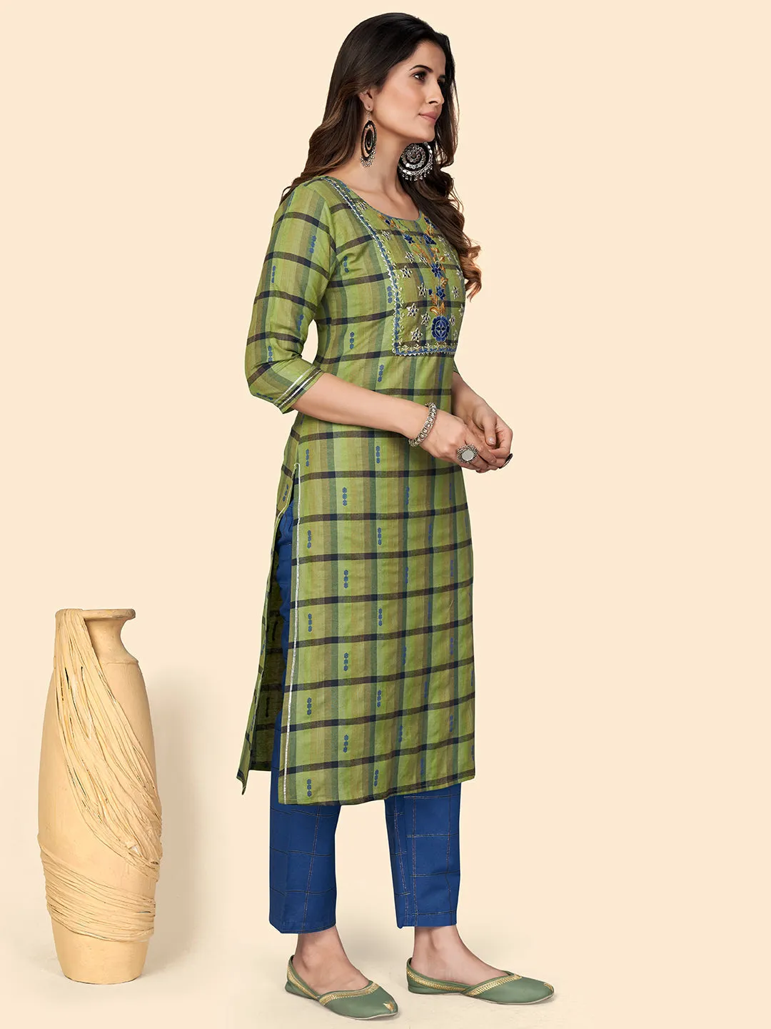 Women'S Print & Embroidered Straight Cotton Parrot Green Stitched Kurta Pant With Dupatta