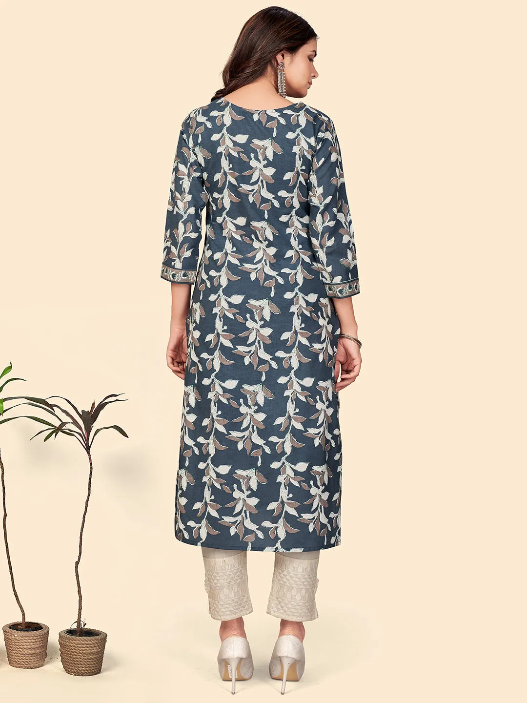 Women'S Print & Gota Patti Straight Cotton Dark Grey Stitched Kurta