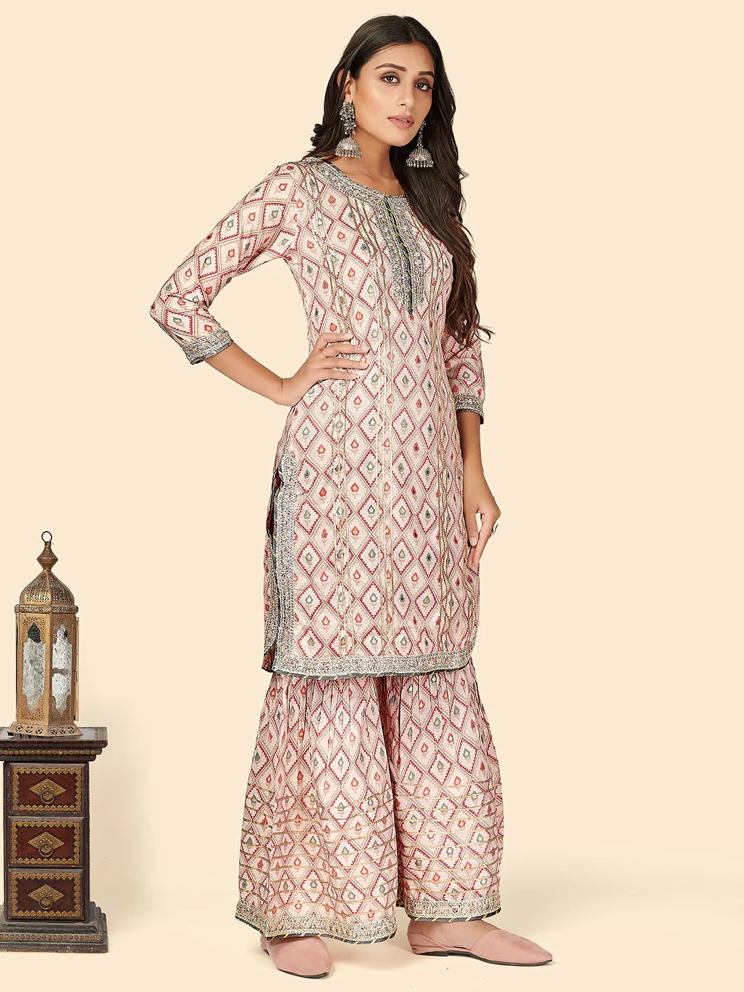 Women'S Print & Gota Patti Straight Muslin Pink Stitched Kurta Sharara With Dupatta