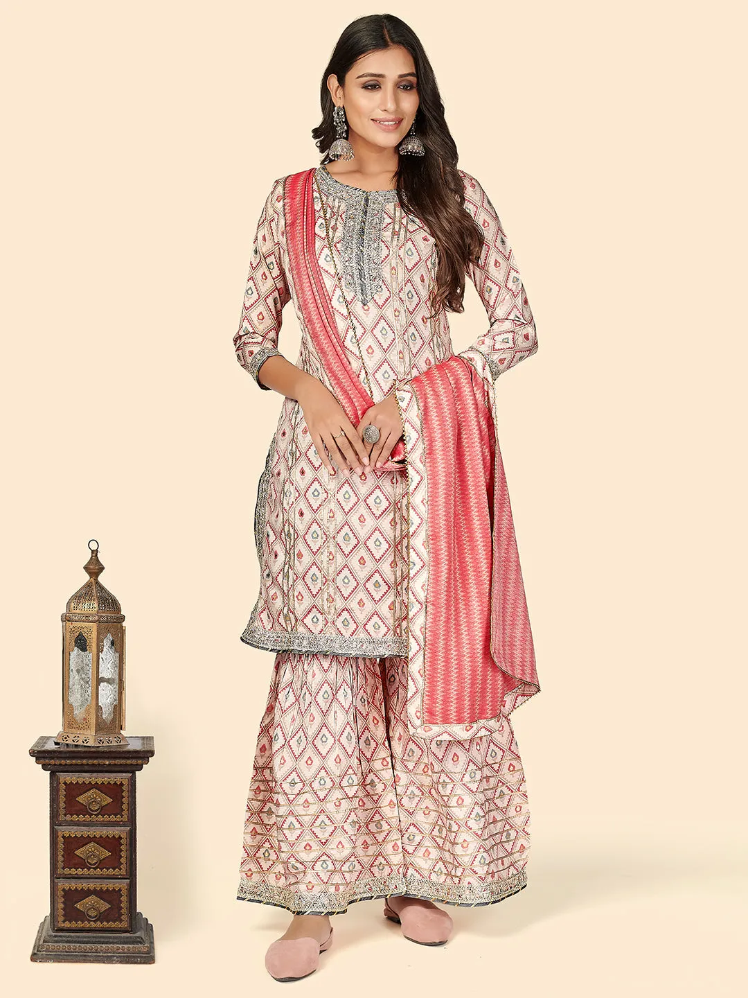 Women'S Print & Gota Patti Straight Muslin Pink Stitched Kurta Sharara With Dupatta