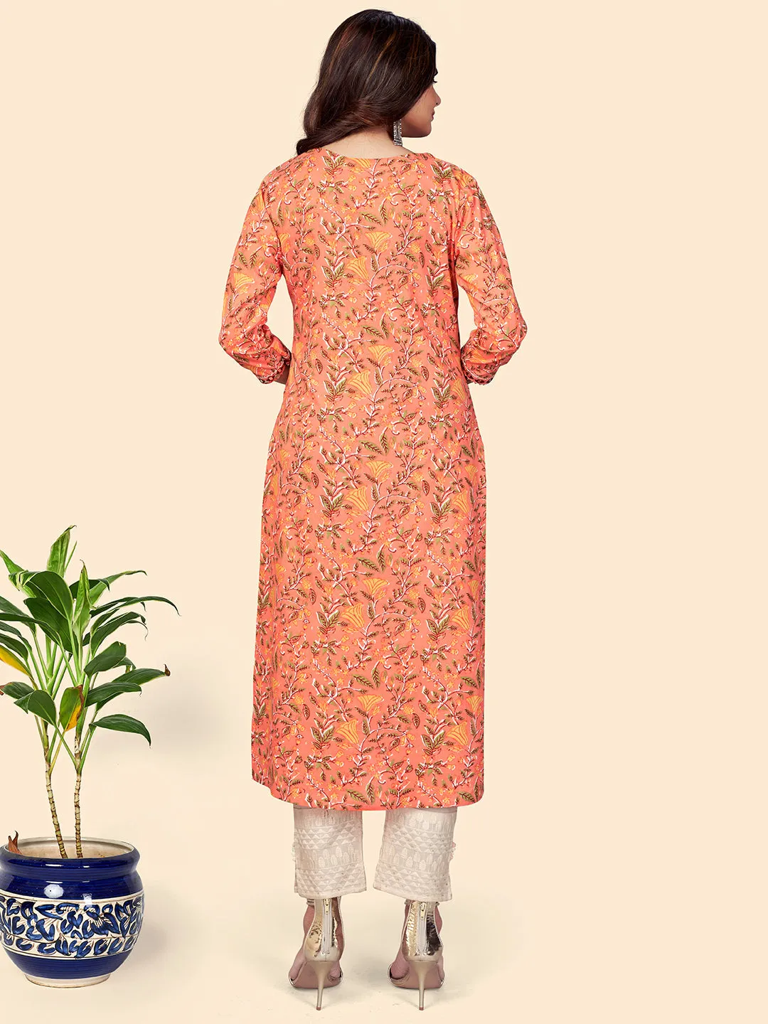 Women'S Print & Mirror Work Straight Cotton Orange Stitched Kurta